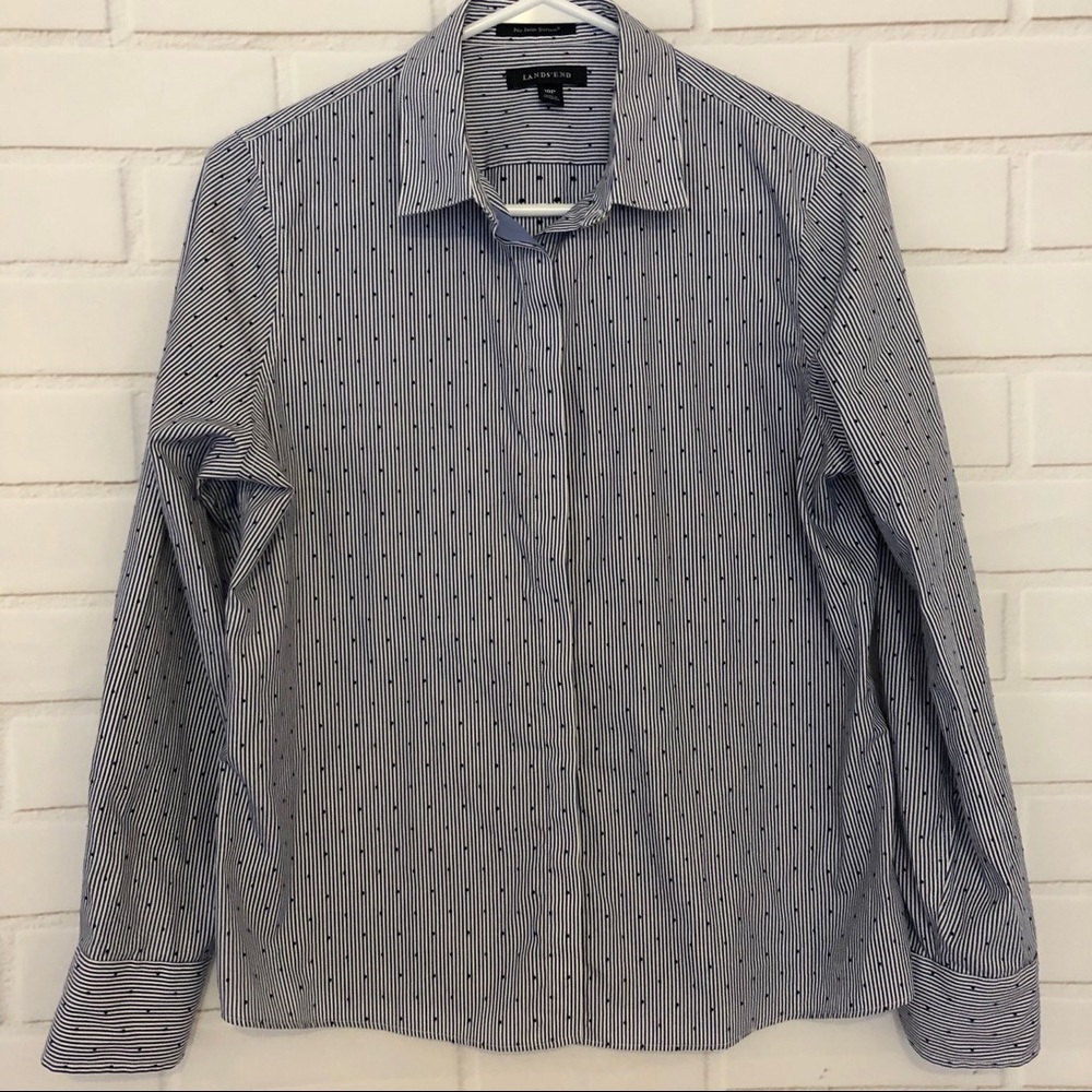 LANDS’ END NO IRON OXFORD BLUE WHITE STRIPE SHIRT